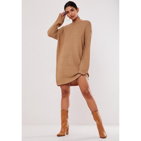 Camel High Neck Ribbed Mini Dress - Picture 2 of 4